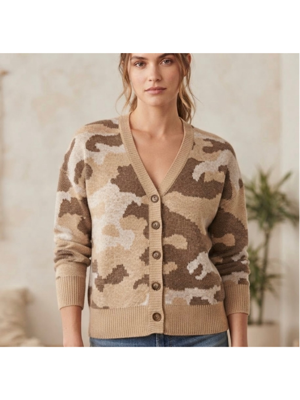 Lucky Brand Camo Cardigan Neutral Wool Blend V-Neck Sweater Size L Earthy Cozy